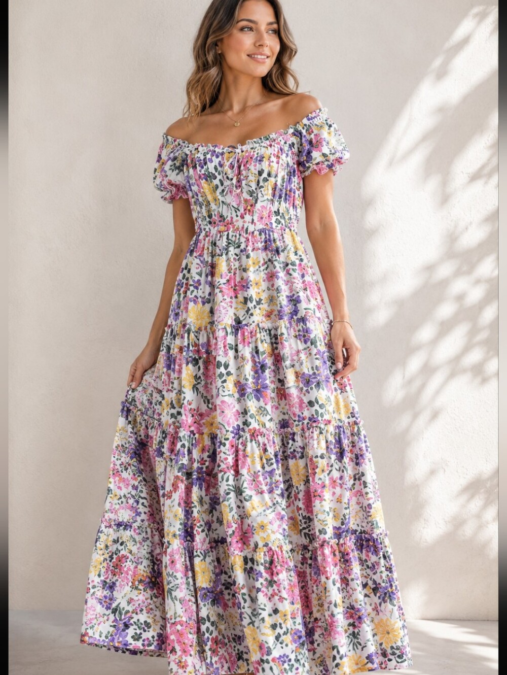 Astr Floral Off-Shoulder Tiered Maxi Dress in White with Pink, Yellow & Purple